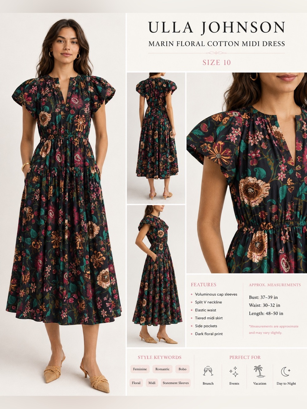 Ulla Johnson Marin Floral Cotton Midi Dress Black Multi Puff Sleeve Size 10